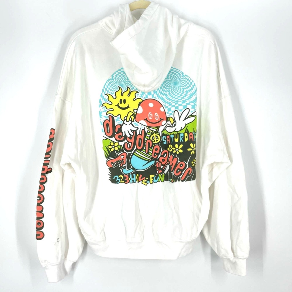 Daydreamer Flyer Hoodie Women One Size White Mushroom Sun Graphic Oversized